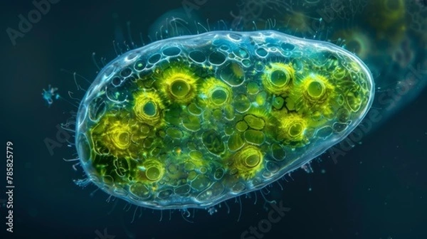Fototapeta A side view image of an algae cell revealing its unique oval shape and s of tiny organelles within.