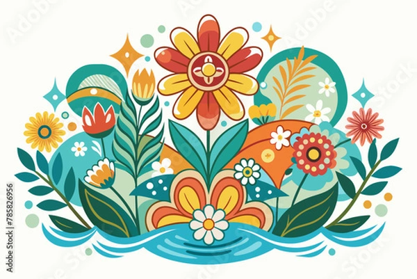 Fototapeta Charming retro background with blooming flowers on a white backdrop.