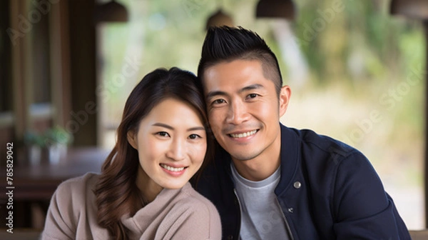 Obraz Young asian couple sitting in a coffee shop and smiling at camera