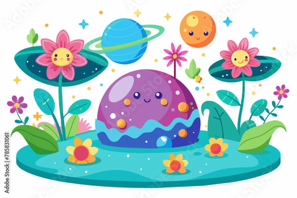 Fototapeta A charming space cartoon character is surrounded by vibrant flowers against a white background.