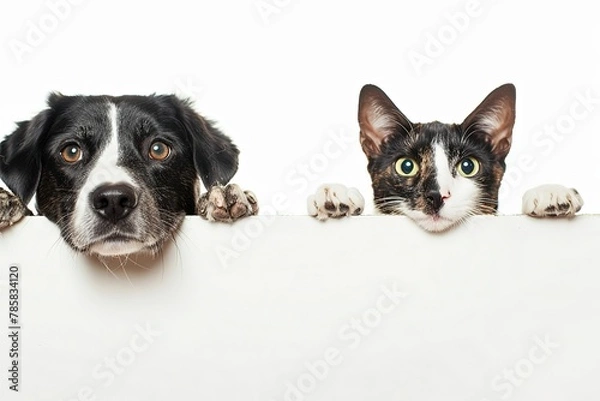 Fototapeta Row of the tops of heads of cat and dog with paws up peeking over a blank white background