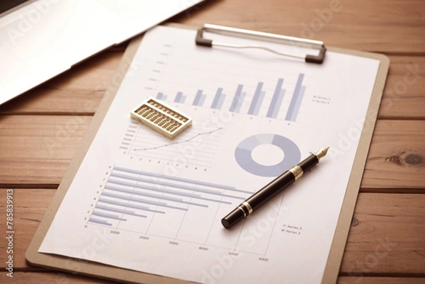 Fototapeta Pen and abacus placed in financial data report analysis scenarios