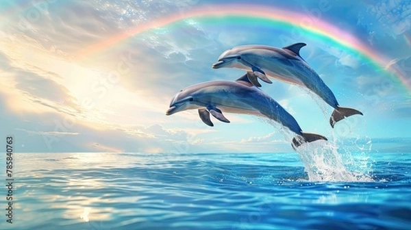 Fototapeta banner background National Dolphin Day theme, and wide copy space, Two dolphins jumping in unison out of the water with a rainbow in the background, for banner, UHD image 