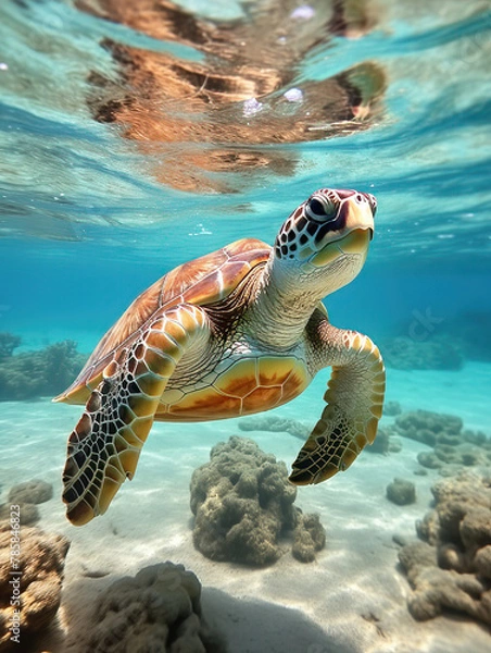 Fototapeta green sea turtle swimming under the sea. Green sea turtle approaching water surface. Turtles swimming in the clear sea surface with shallow coral reefs.