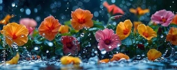 Fototapeta Vibrant Floral Explosion Amid Stormy Rainfall Cascading Through Lush Garden Scenery