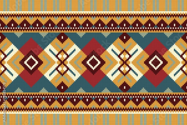 Obraz Motif Ikat Seamless Pattern Embroidery Background. Ikat Flower Geometric Ethnic Oriental Pattern traditional.aztec Style Abstract Vector design for Texture,fabric,clothing,wrapping,sarong.