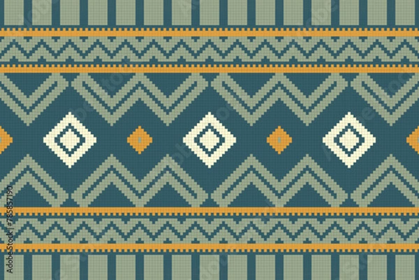 Obraz Motif Ikat Seamless Pattern Embroidery Background. Ikat Stripe Geometric Ethnic Oriental Pattern traditional.aztec Style Abstract Vector design for Texture,fabric,clothing,wrapping,sarong.