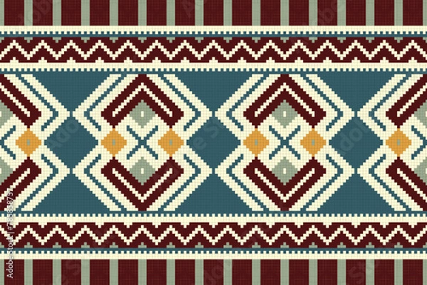 Obraz Ikat Seamless Pattern Embroidery Background. Ikat Background Geometric Ethnic Oriental Pattern traditional.aztec Style Abstract Vector design for Texture,fabric,clothing,wrapping,sarong.