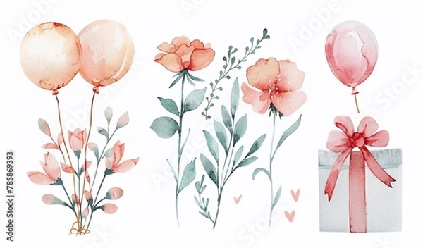 Obraz Set of watercolor elements with flowers, balloon, gift isolated on white background for cards, invitations.
