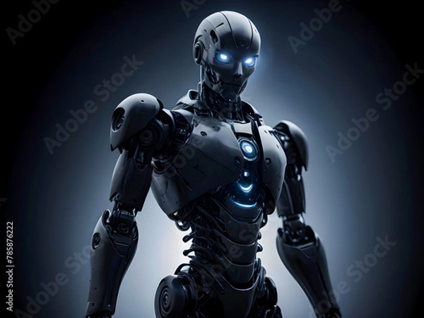 Fototapeta Futuristic Modern Humanoid Robot in a Dark Room, Artificial Intelligence with robot engineering