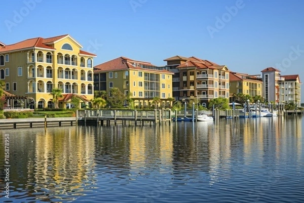 Obraz A waterfront condominium complex overlooking a serene lake or ocean, with luxury apartments, private marinas, and resort-style amenities, Generative AI