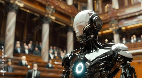 Fototapeta Sovereign AI in courtroom. Ethical dilemma between AI and human judgment. AI on trial, discussion on convergence of AI, ethics, and legal landscape