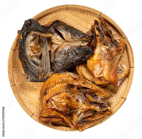 Fototapeta Dried fish in basket isolated on white background, Dried fish on White Background PNG file.