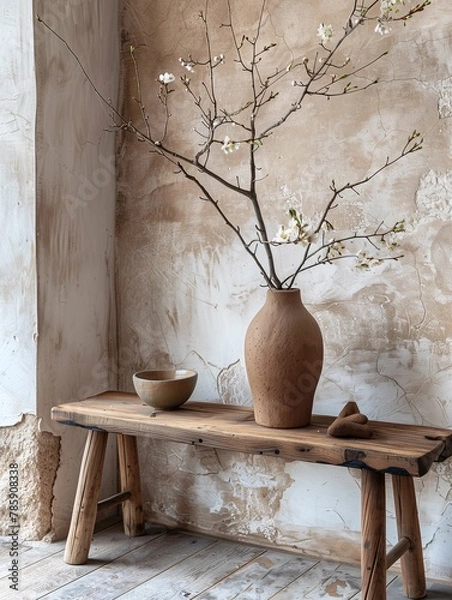 Fototapeta Rustic Still Life with Flowering Branch in Clay Vase