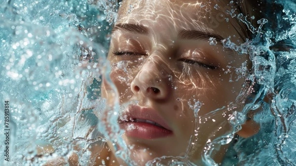 Fototapeta Female with water splashing around, symbolizing freshness and purity.