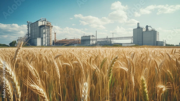 Fototapeta a beautiful field of wheat, modern mill are nearby