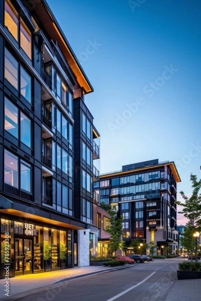 Obraz A cutting-edge mixed-use development featuring live-work-play spaces, with residential units above street-level retail, dining, and entertainment options, Generative AI