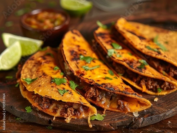Obraz Birria Tacos Consome Dipping Sauce Lime Wedges Beef Food Background Image 
