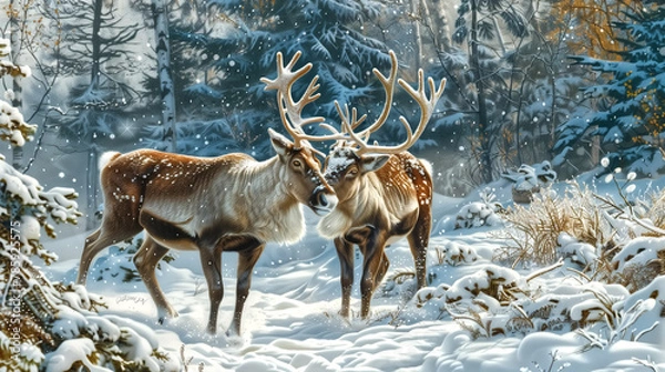 Fototapeta A pair of reindeer playing in a snow-covered forest clearing, th