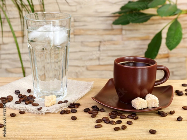 Obraz Cup of black coffee and a glass of cold water