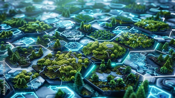 Fototapeta Hexagons frame biomes, revealing nature's mosaic connected by light paths.