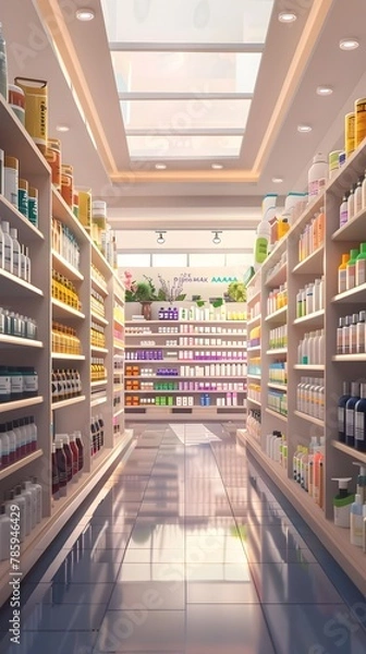 Fototapeta Warm,Inviting Aisle of Innovative Skincare Products in a Pristine Modern Drugstore