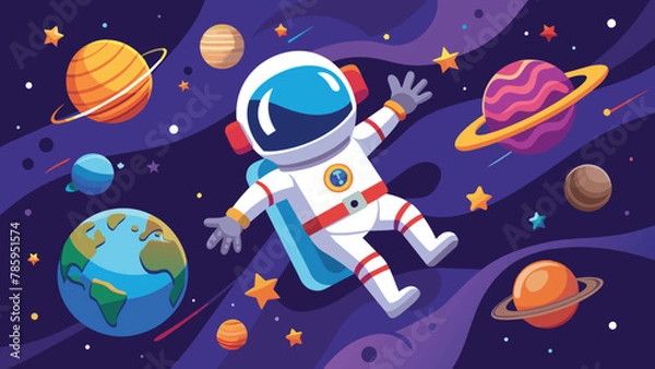 Fototapeta Astronaut floating in space with planets vector cartoon illustration.