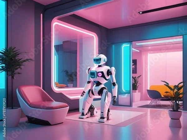 Obraz Futuristic Robot in a Modern Living Room Illuminated by Neon Light.