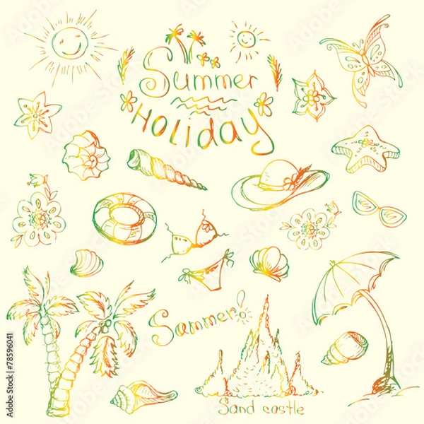 Fototapeta Vector set of summer travel and vacation emblems and symbols