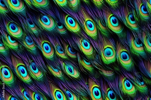 Fototapeta A Detailed image of a peacock feather, capturing its vibrant colors, iridescent sheen, and intricate texture of barbs and barbules