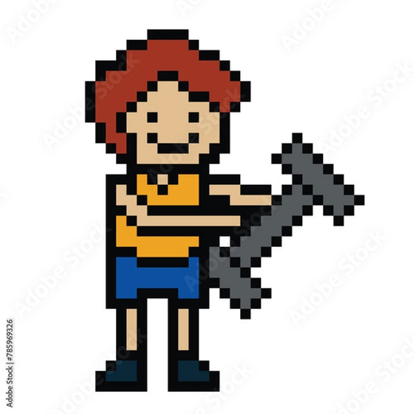 Obraz Cute pixel cartoon 8bit character man weight training with dumbbell lifestyle vector for decoration life style 8 bit male exercise gym fitness body building vector.