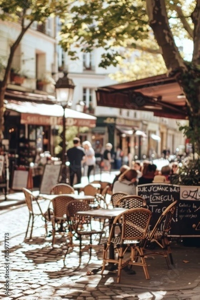 Obraz A charming sidewalk café in a European city square, with wrought iron bistro chairs, cobblestone streets, and lively street performers, Generative AI