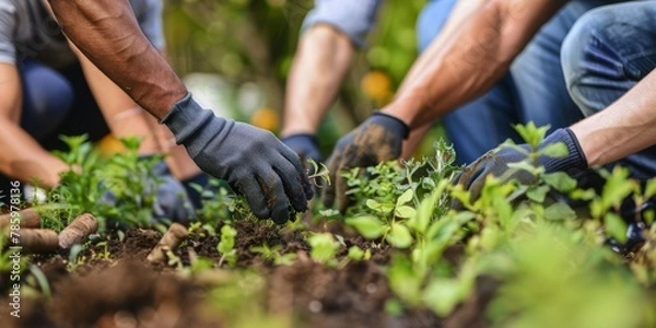 Fototapeta A group of people are planting a garden