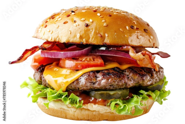 Obraz Delicious burger containing cheese, bacon, onion, cucumbers, tomatoes and lettuce,
.isolated on white background