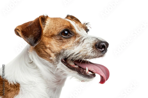 Fototapeta Portrait hungry dog licking its lips with tongue out.
.isolated on white background