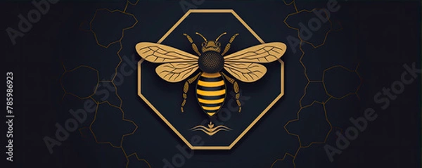 Obraz Elegant bee emblem on hexagonal pattern. Bees logo design.