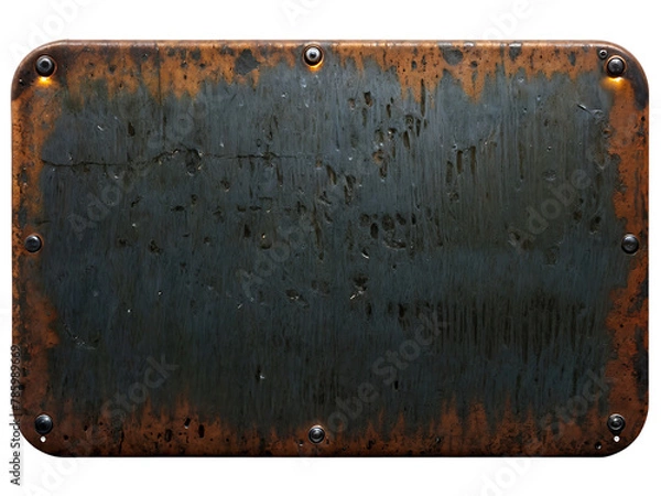 Fototapeta Blank rusted metal plate on a transparent background. PNG image of a blank metal signboard covered in rust.