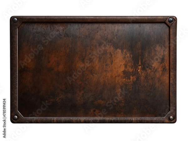 Fototapeta Blank rusted metal plate on a transparent background. PNG image of a blank metal signboard covered in rust.