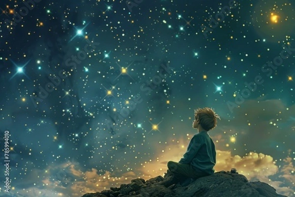 Fototapeta Little Prince gazing at the stars and contemplating the mysteries of the universe. 
