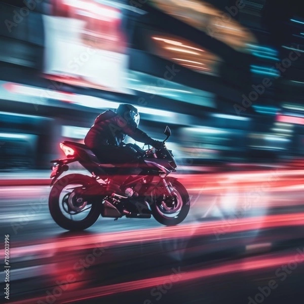 Fototapeta A motorcycle rider speeds through the city at night, leaving a trail of light behind him.