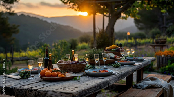 Fototapeta Rustic outdoor table, surrounded by nature, where dishes made with local and seasonal ingredients are served. A country meal is shown that highlights the connection between gastronomy and nature.