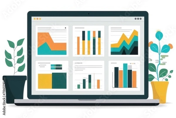 Fototapeta A laptop sits open on a wooden desk, next to it a green plant in a small pot. The scene suggests a work or study environment, with the laptop ready for use and the plant adding a touch of nature