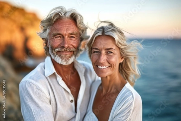 Obraz A man and woman are smiling at the camera on a beach
