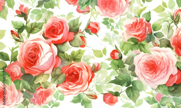 Fototapeta Red roses pattern, watercolor painting, Generative AI