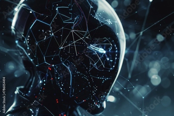 Obraz A cybernetic helmet with glowing lines and nodes on a dark background, representing innovative ideas in the digital world of technology and innovation. The scene is illuminated with soft lighting