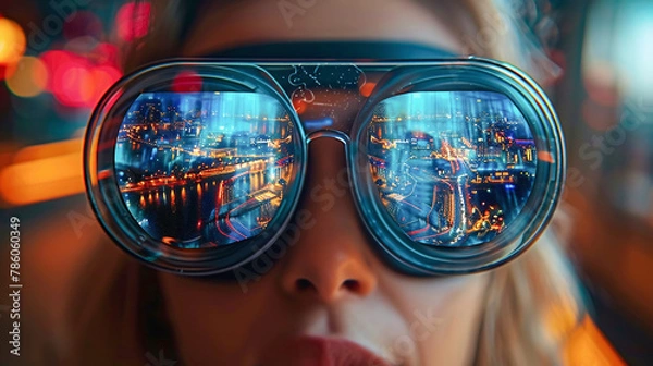 Fototapeta Woman travel digital vr technology, future reality, abstract space, virtual glasses. Metaverse concept