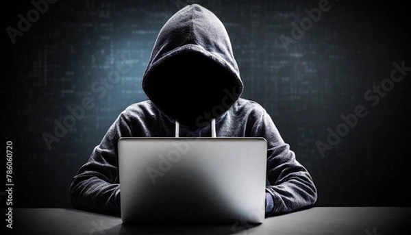 Obraz Portrait and front view of an anonymous computer hacker wearing a dark hoodie, stealing data from a laptop computer. Concept for network security, identity theft and computer crime. Generative Ai.
