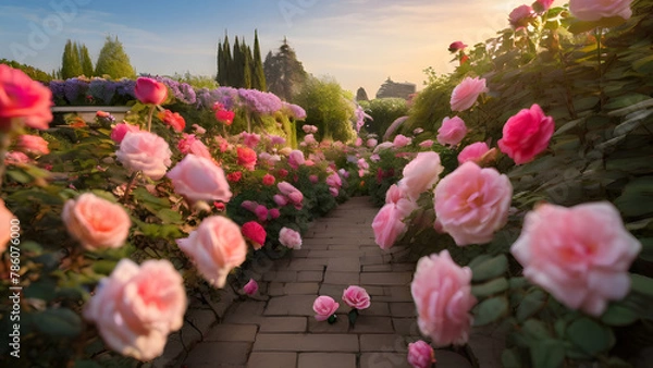 Fototapeta Blooming rose garden. Capturing the abundant colors and vibrant atmosphere of blooming flowers, creating a picturesque summer scene.