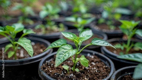 Obraz Fresh sprouts of emerald capsicums are flourishing in circular plastic containers filled with earth, focusing on horticulture and cultivating produce.