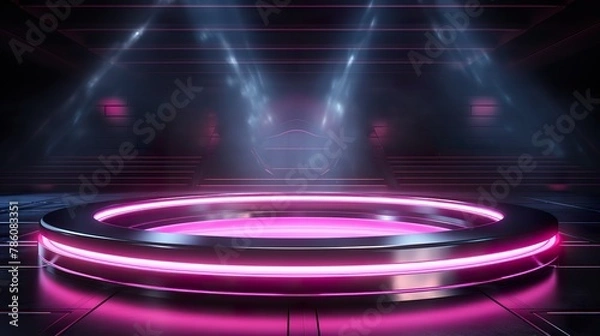 Fototapeta Focus on circular minimalist stage with neon lights, seapunk lights, detailed textures, turquoise and magenta futuristic scene